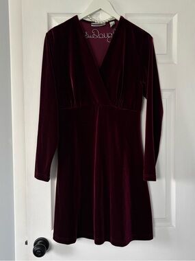 Vintage Burgundy Velvet V-Neck Long Sleeve Dress